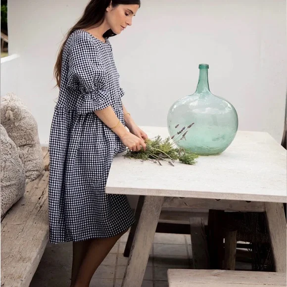 Magic Linen Voluminous Linen Ruffle Sleeve Babydoll Dress Black White Gingham - Picture 3 of 14